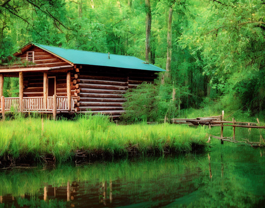 Tranquil log cabin by calm lake and lush green trees