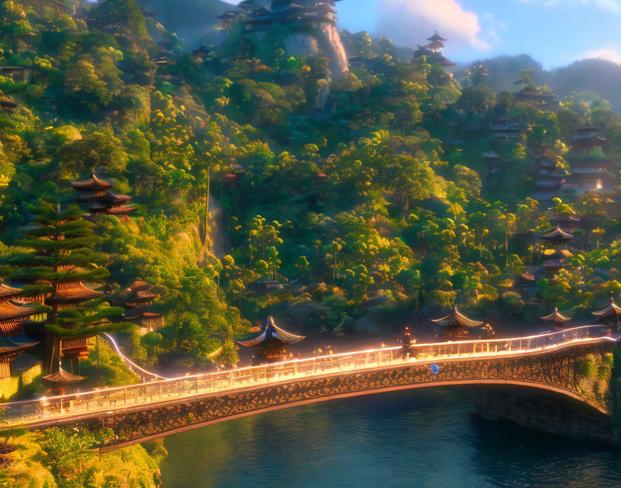 Tranquil landscape with ornate bridge, pagodas, and lush greenery