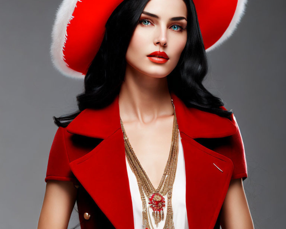 Woman in Red and White Hat with Gold Coat and Necklace on Grey Background