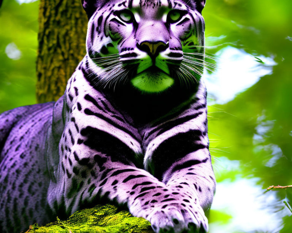 Purple and White Tiger Resting on Mossy Branch in Lush Forest
