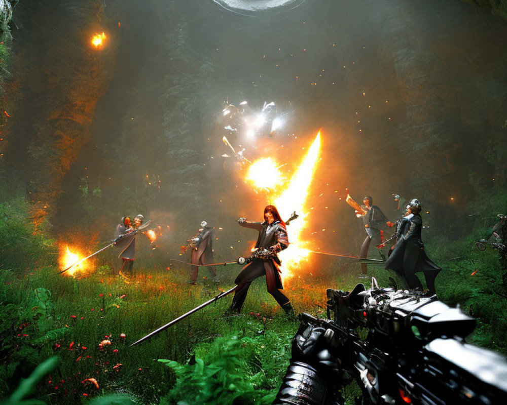 Sci-fi battle scene in lush cave with futuristic weapon firing and explosions