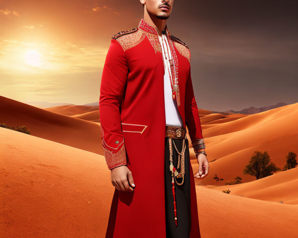Man in red traditional outfit and turban in desert sunset scene