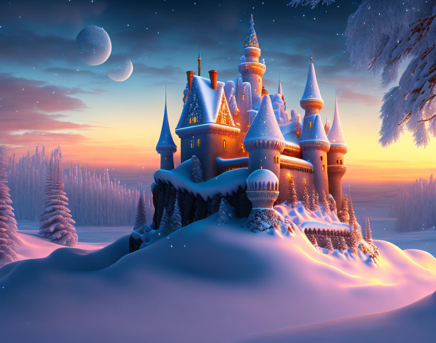 Enchanted castle in snowy twilight landscape with crescent moon