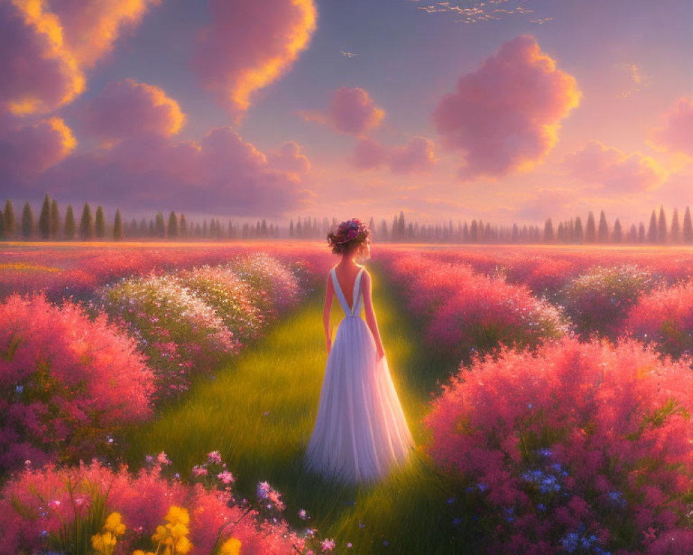 Woman in white dress with flower crown walks through vibrant field at sunset