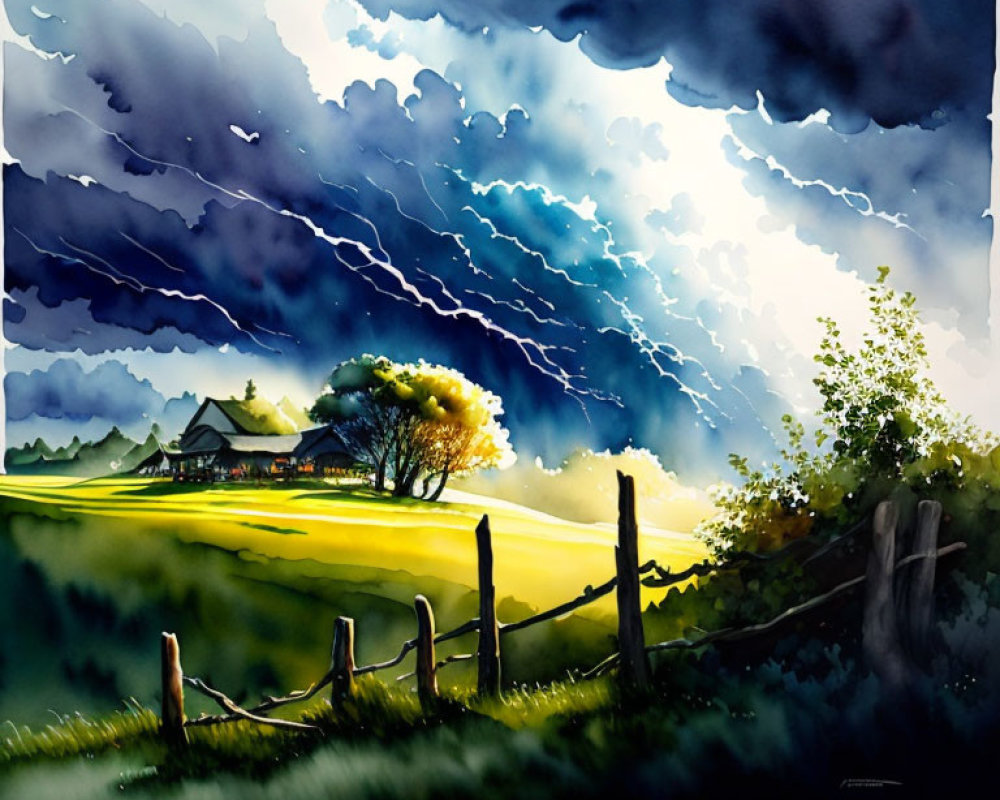 Stormy Sky Painting of Countryside Landscape with House, Tree, and Fence