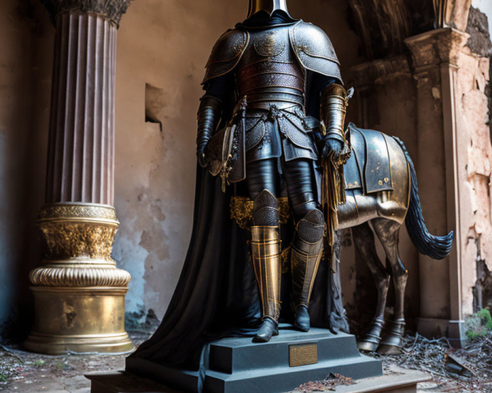 Black and Gold Accented Armor on Pedestal in Dilapidated Room