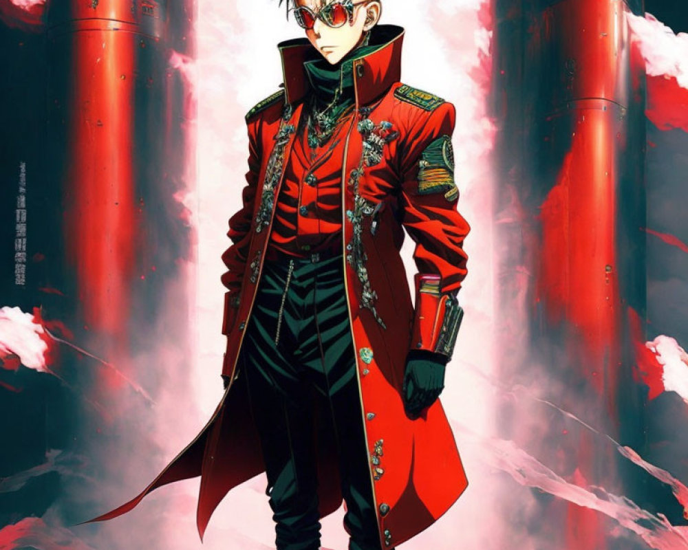Stylized anime character with spiky blonde hair in red military coat