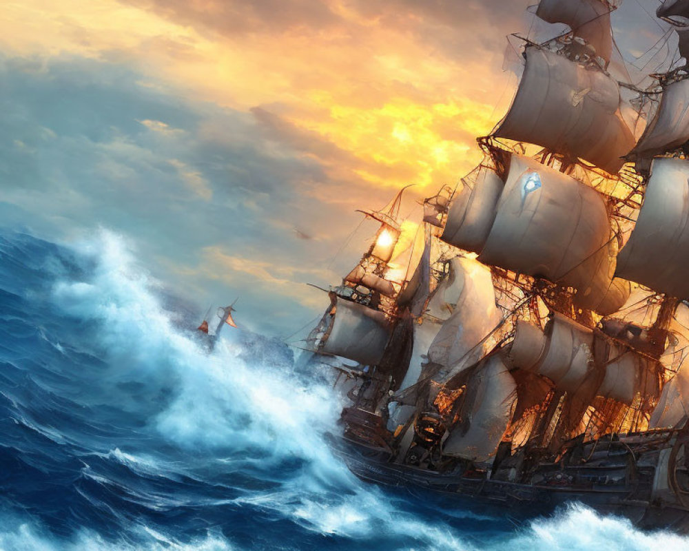 Sailing ship with billowing sails on tumultuous ocean waves at golden sunset