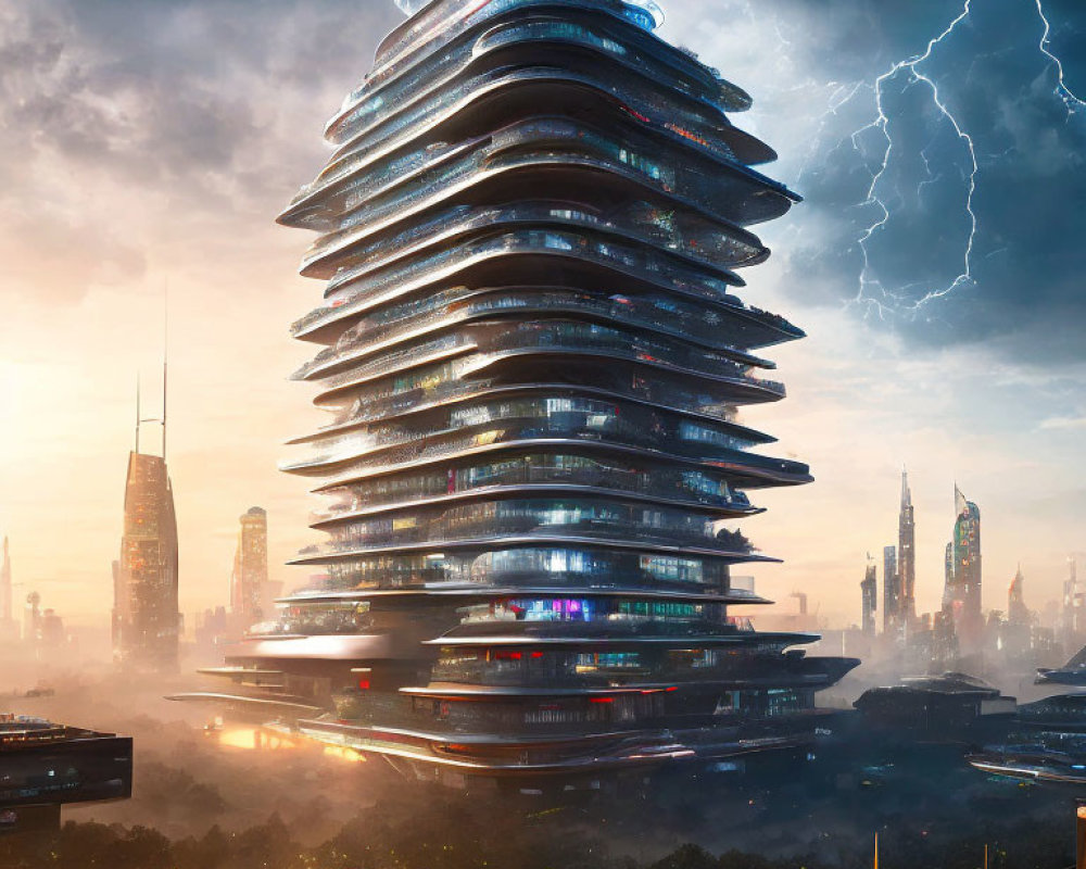 Futuristic skyscraper with terraced floors in stormy cityscape