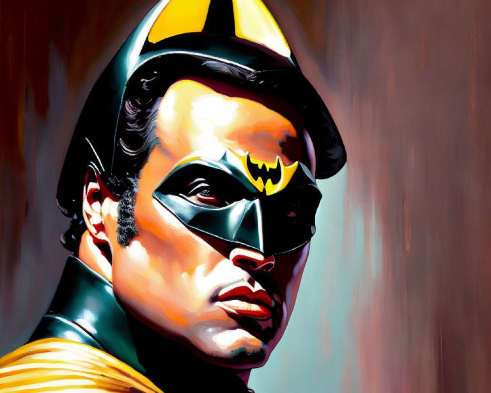 Artistic portrait of Batman with yellow outlined bat emblem, serious expression