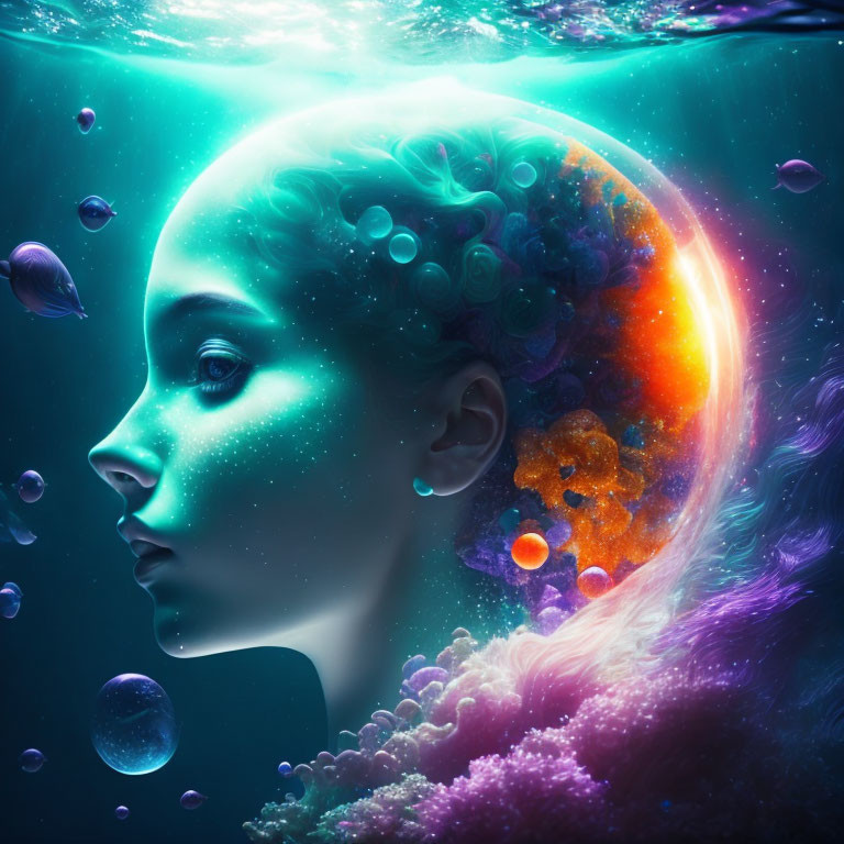 Surreal image: Woman's profile merges with space elements