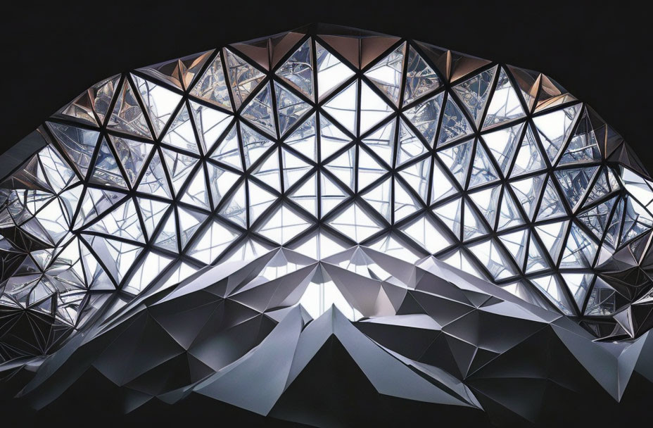 Geometric dome structure with intricate triangular and polygonal panels on dark background