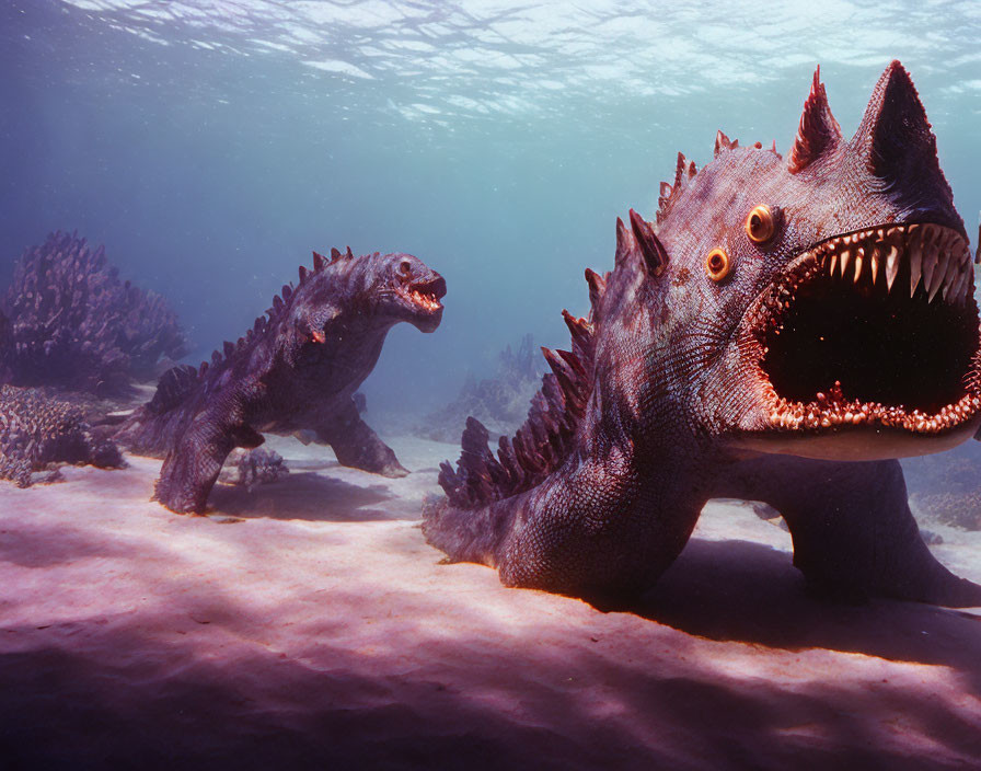 Fantastical marine creatures with spiky bodies and sharp teeth near a reef