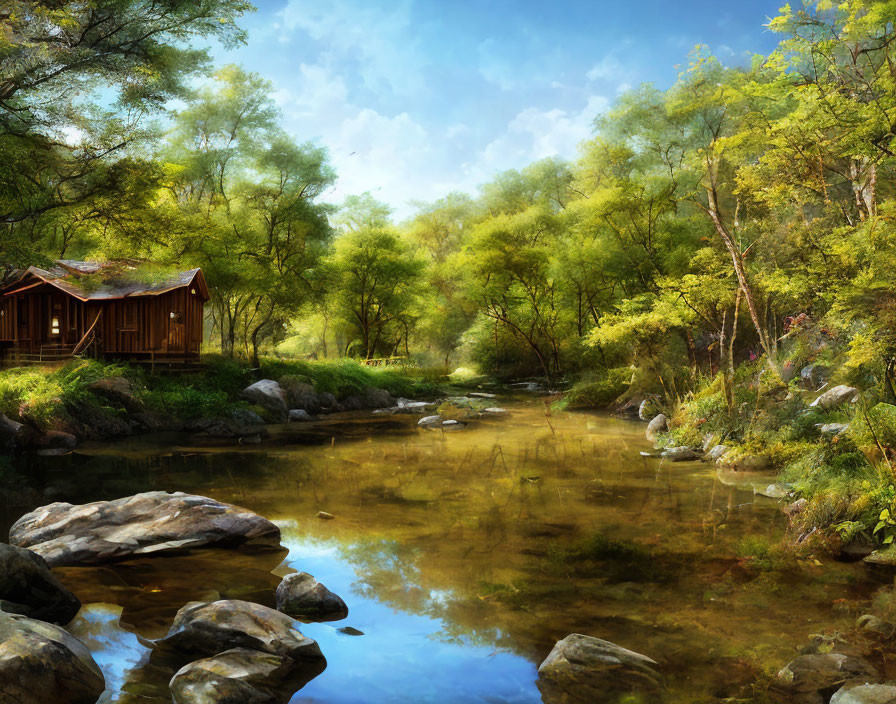 Tranquil forest scene with wooden cabin by gentle stream