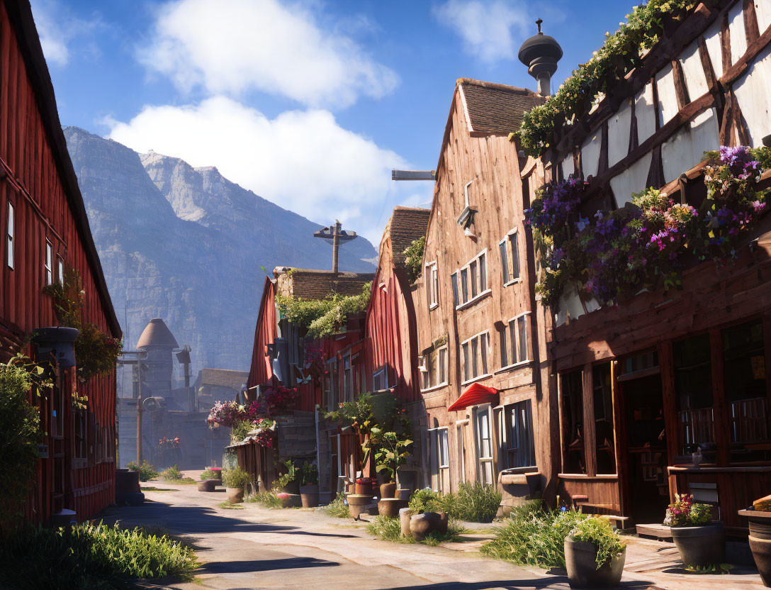 Tranquil cobblestone street with charming buildings and mountains in the background