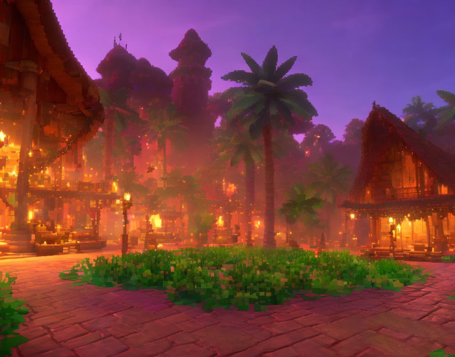 Mystical village at dusk with palm trees and thatched huts