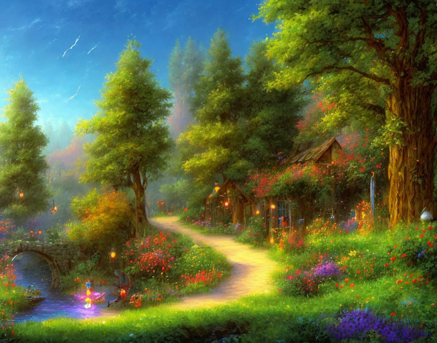 Enchanted forest glade with cabin, flowers, starry sky, and bridge.