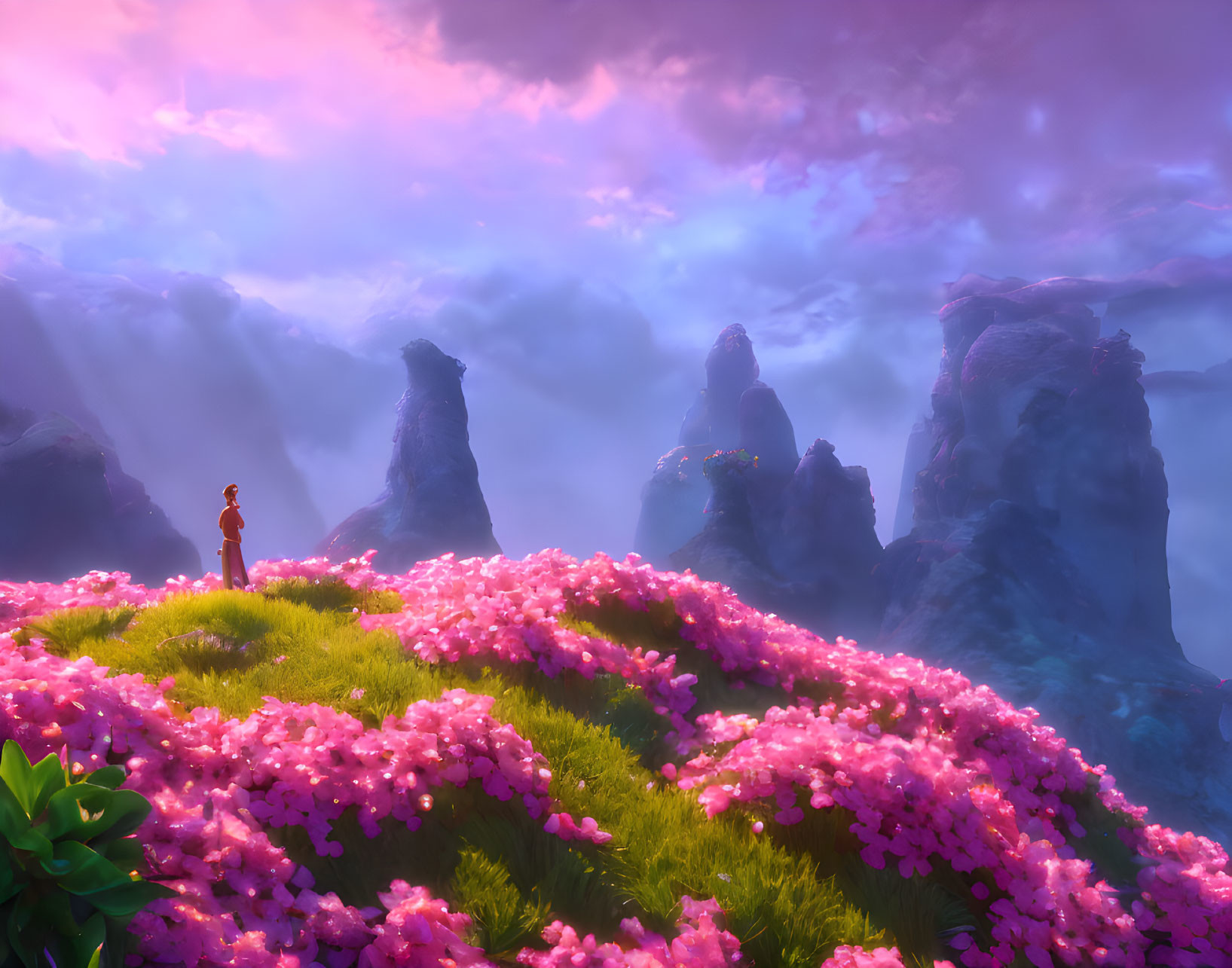 Person standing on lush hill with pink flowers, overlooking misty rock formations under vibrant sky