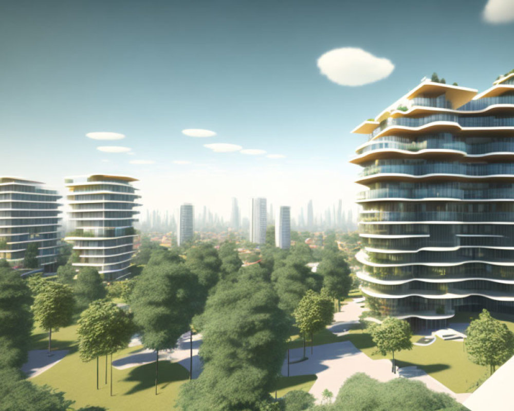 Layered organic-shaped buildings in futuristic cityscape with greenery and distant skyscrapers