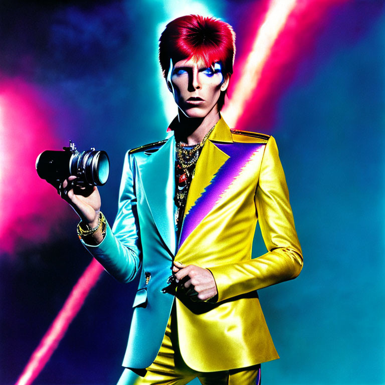 Vibrant red hair and elaborate makeup in yellow suit against neon-lit background