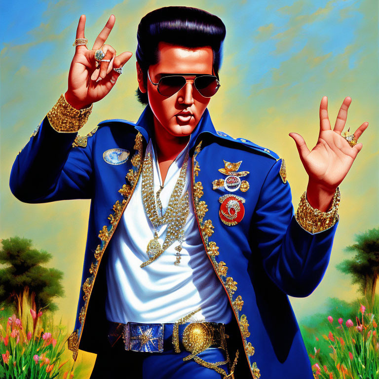 Man in Blue and Gold Outfit with Sunglasses and Hand Gesture Portrait