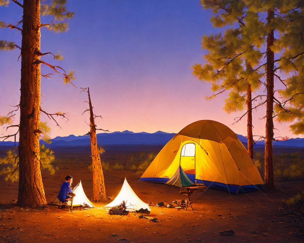 Tranquil camping scene with lit tent, camper by fire, pine trees, twilight sky