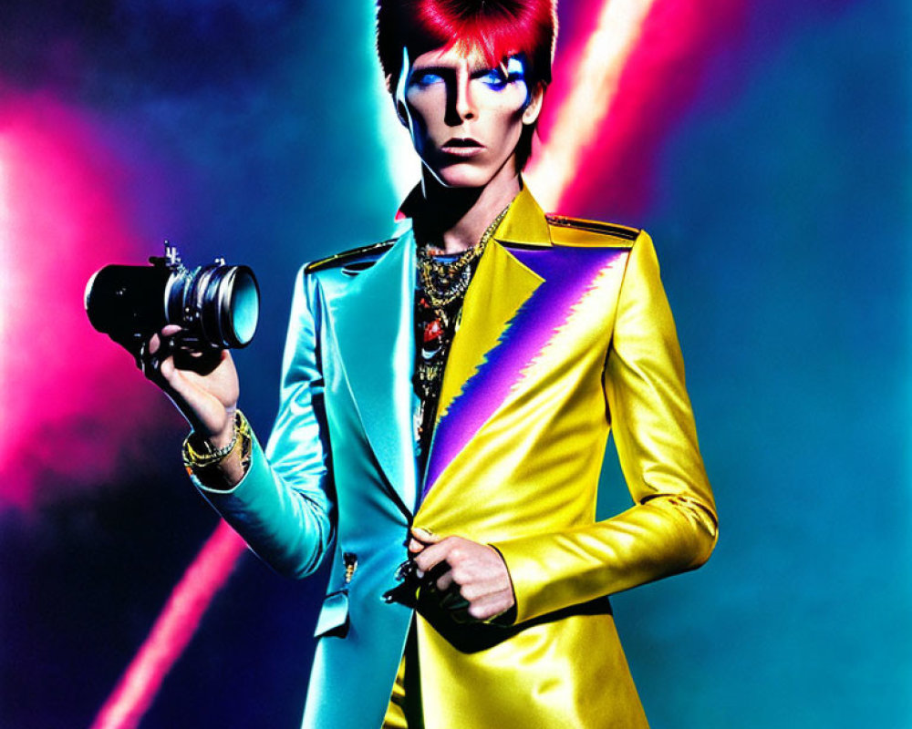 Vibrant red hair and elaborate makeup in yellow suit against neon-lit background