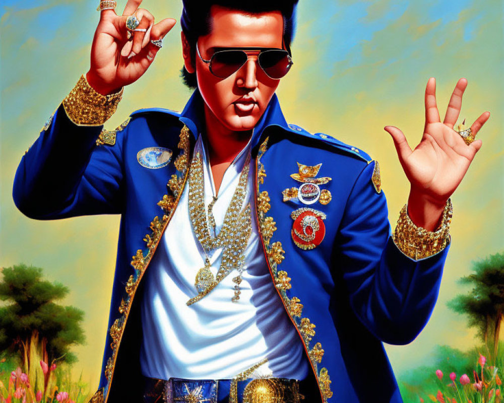 Man in Blue and Gold Outfit with Sunglasses and Hand Gesture Portrait