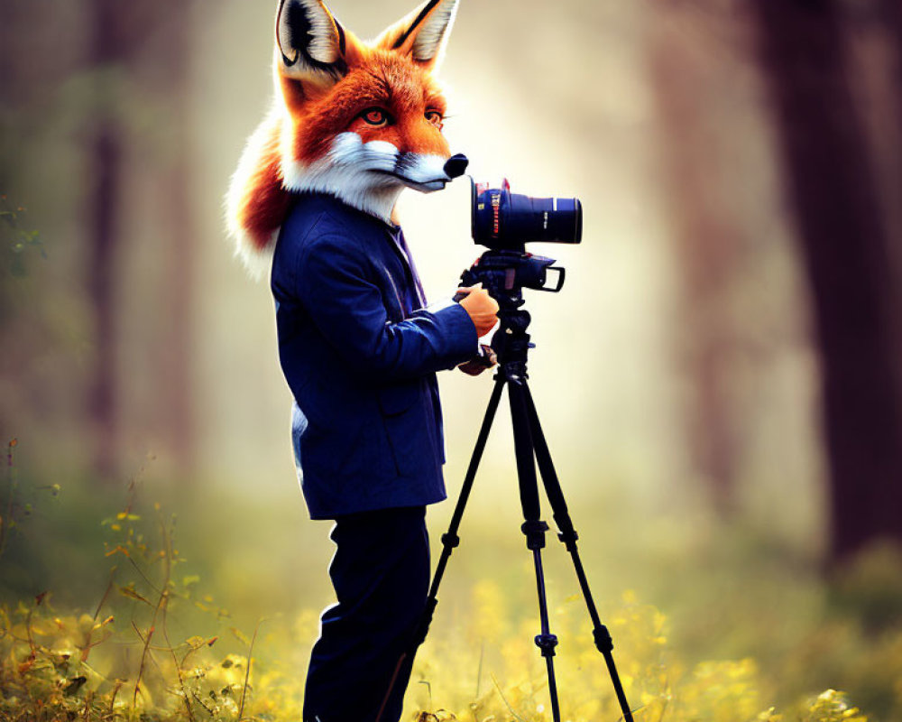 Anthropomorphic fox in suit with DSLR camera in forest setting