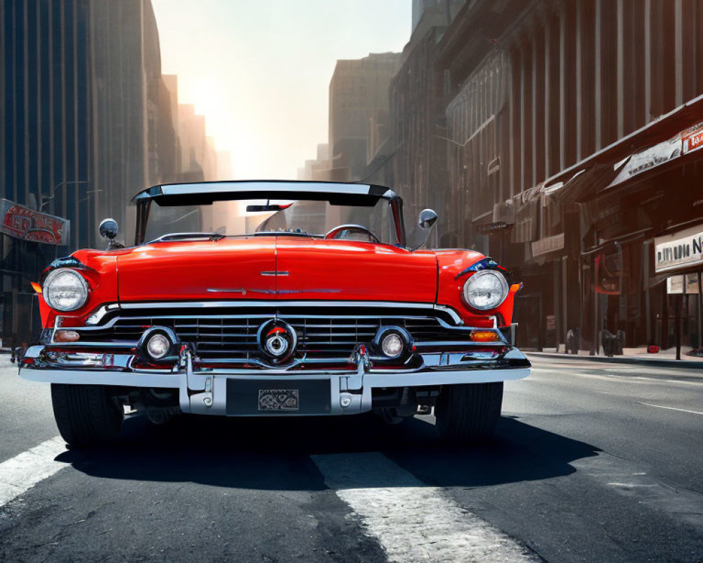 Vintage Red Convertible Car on Urban Street with Tall Buildings