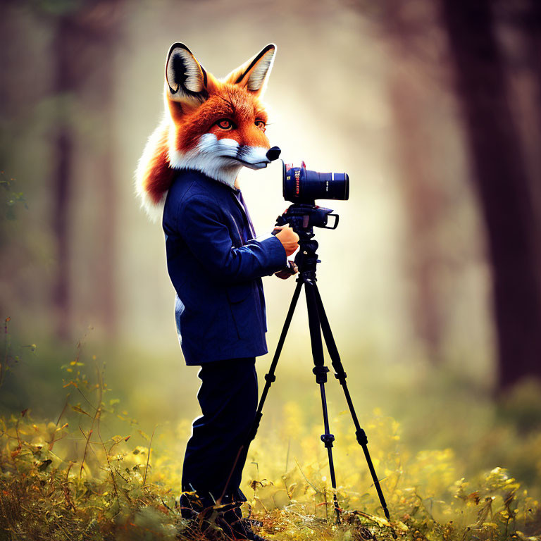 Anthropomorphic fox in suit with DSLR camera in forest setting