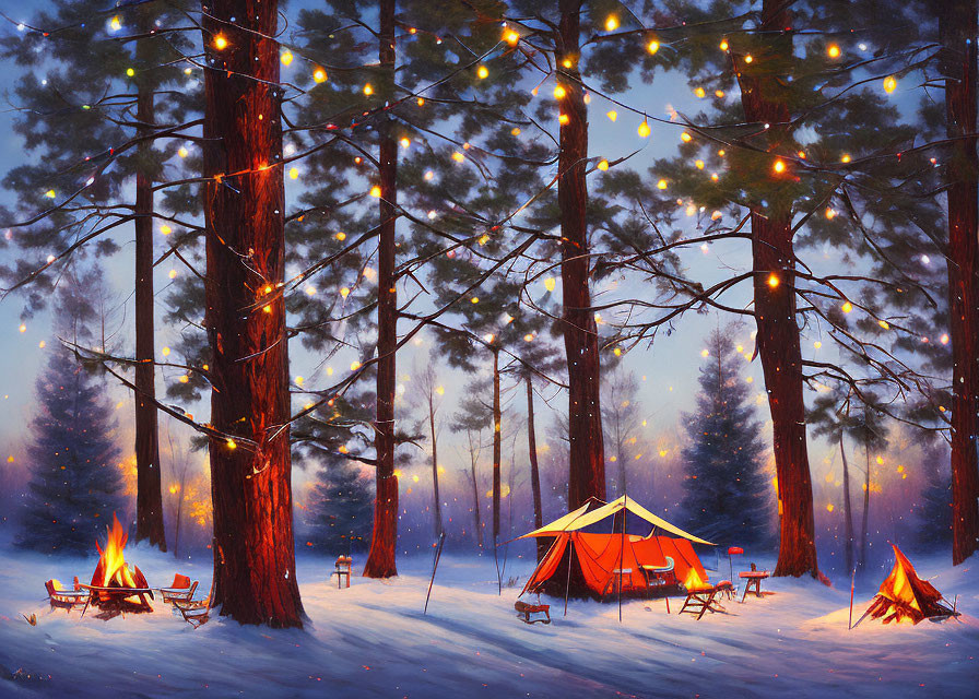 Wintry forest scene: dusk, string lights, campfire, tent, snowfall