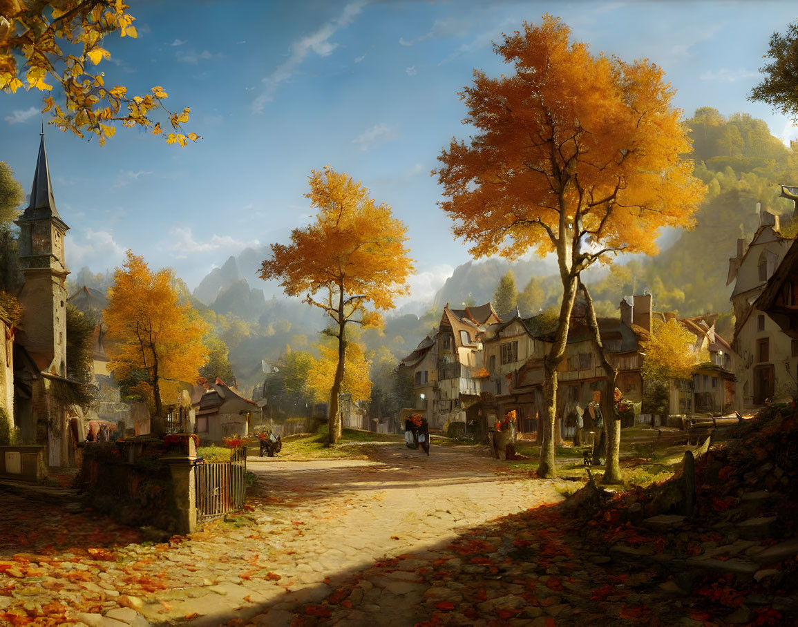 Scenic autumn village with cobblestone path and golden trees