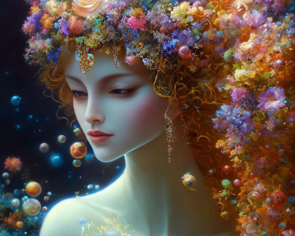 Surreal portrait of woman with vibrant floral headdress on starry background