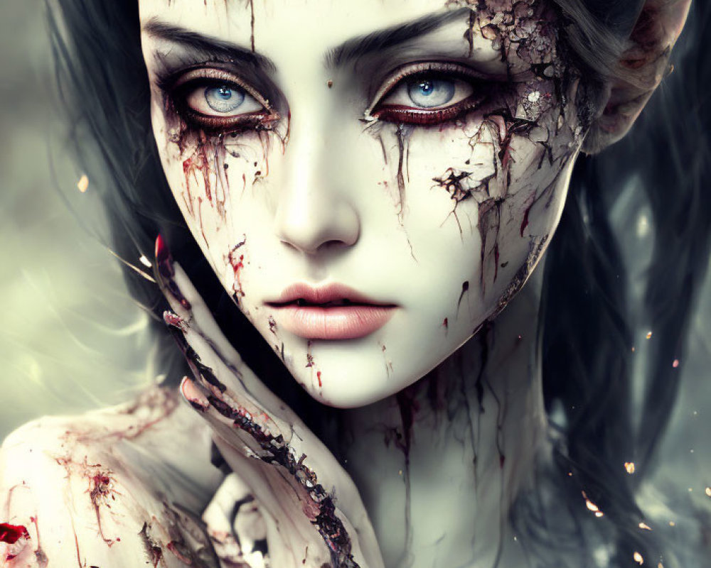 Digital artwork: Woman with cracked porcelain skin and bloodstains, intense blue eyes
