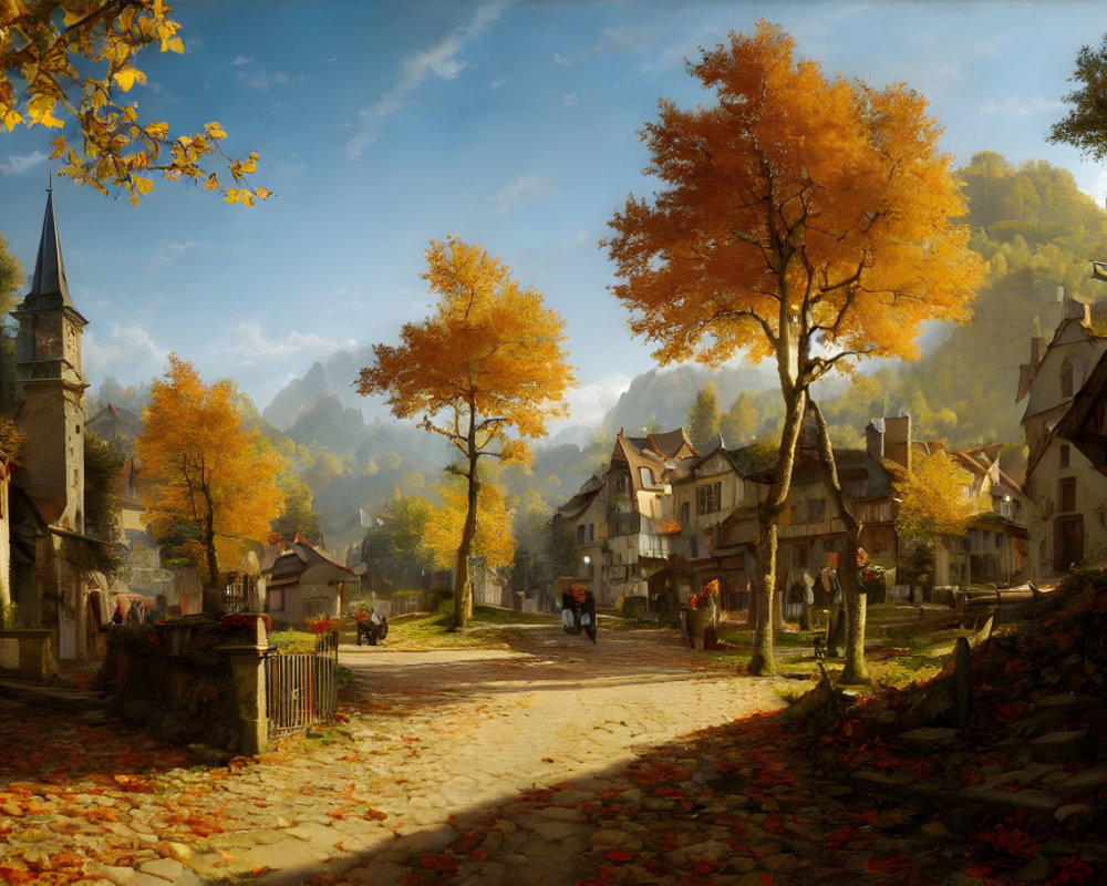 Scenic autumn village with cobblestone path and golden trees