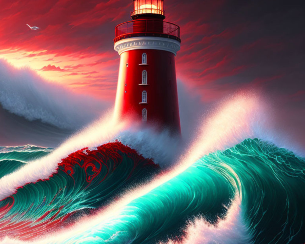 Red lighthouse with beacon in dramatic ocean scene