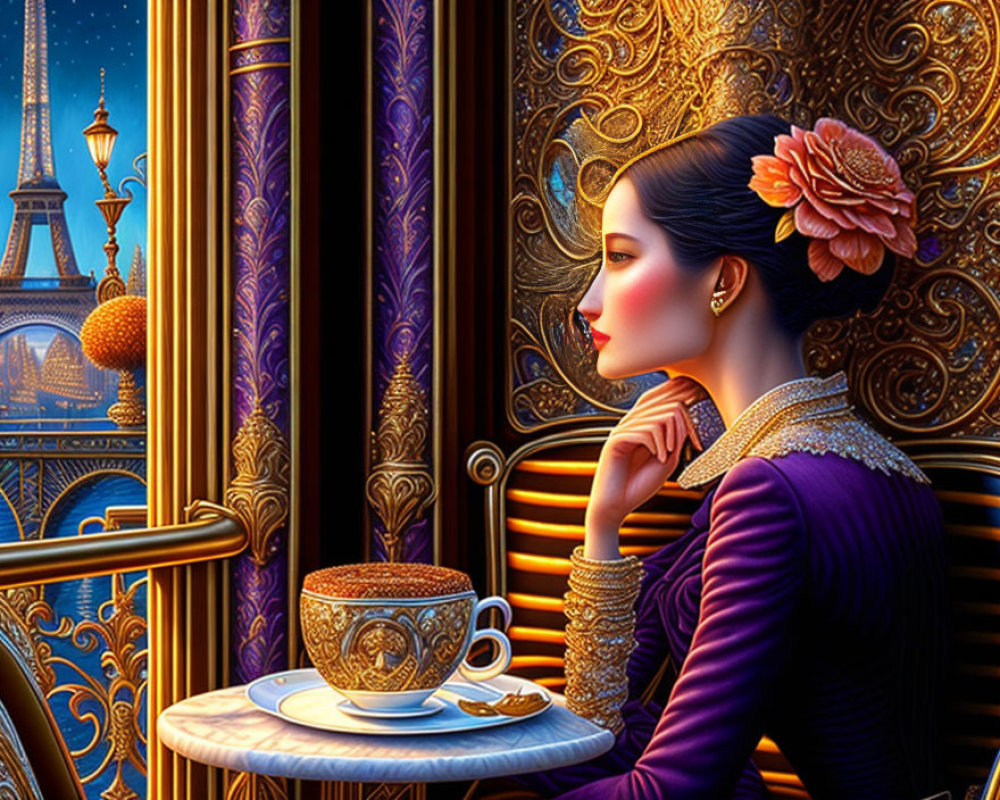 Illustrated woman in purple dress gazes at fantasy cityscape with coffee cup