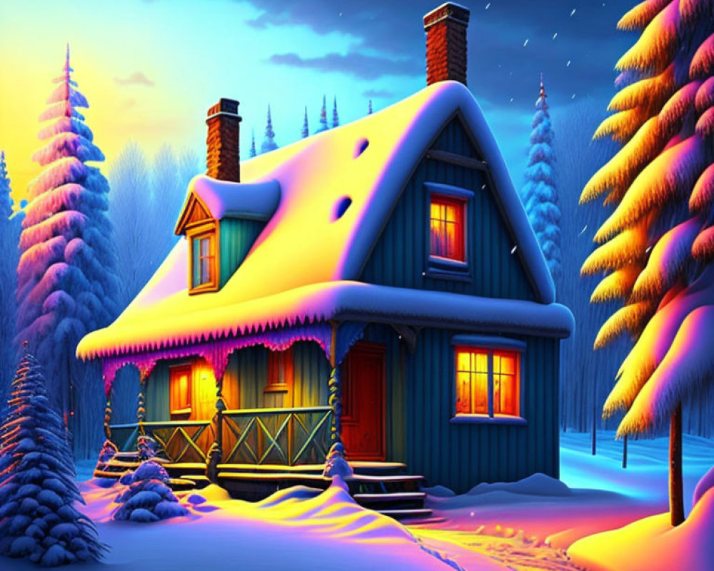 Snowy Evening Cottage with Illuminated Interior