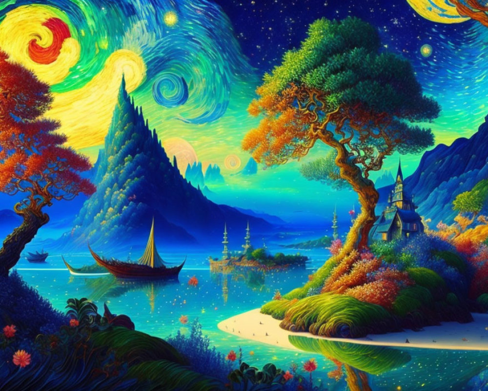 Colorful fantasy landscape with starry sky, illuminated trees, and whimsical buildings