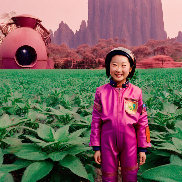 Child in pink spacesuit with red habitat and rock formations in background
