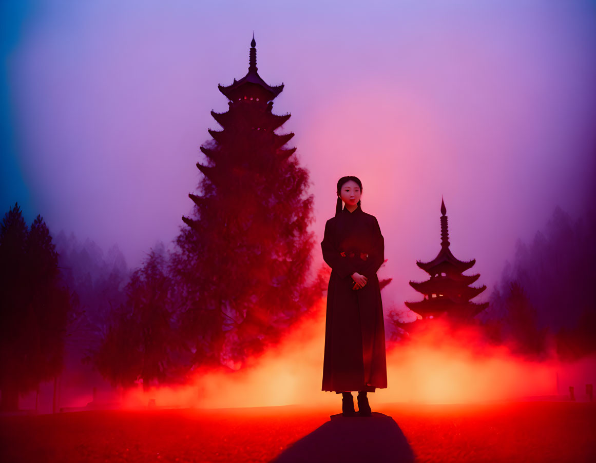 Traditional attire figure in front of red-lit Asian pagodas and trees