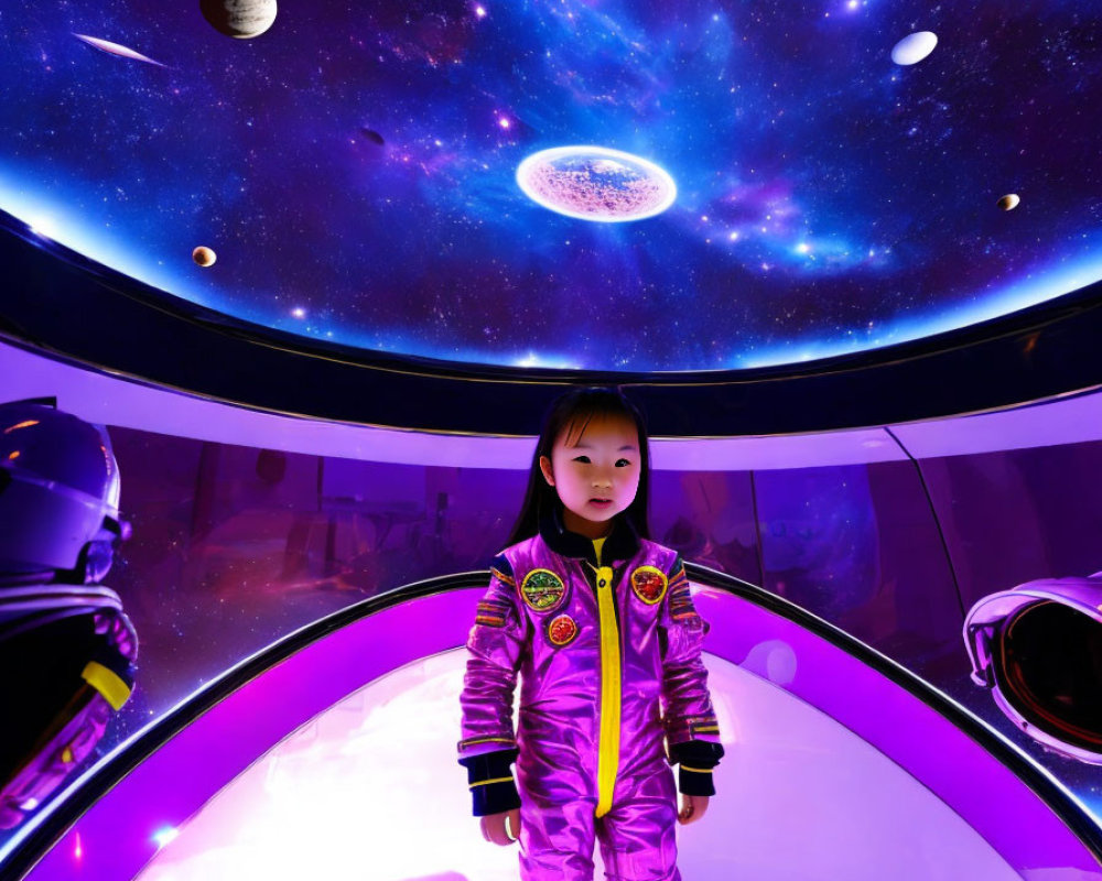 Child in Space-Themed Outfit in Cosmic Room with Planets and Galaxies