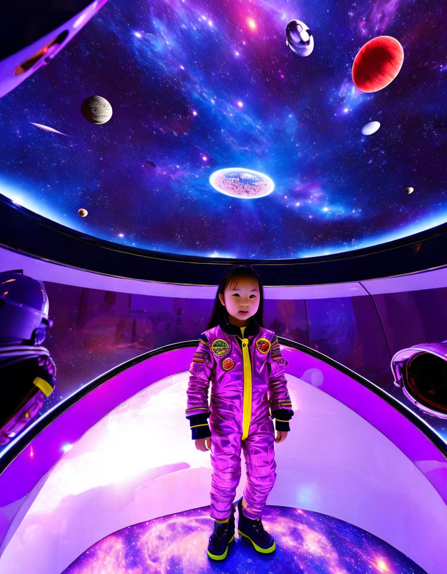 Child in Space-Themed Outfit in Cosmic Room with Planets and Galaxies