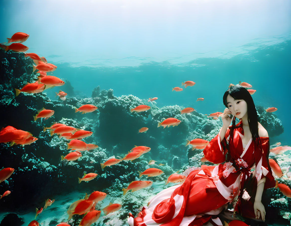 Woman in red dress surrounded by red fish underwater among coral reefs