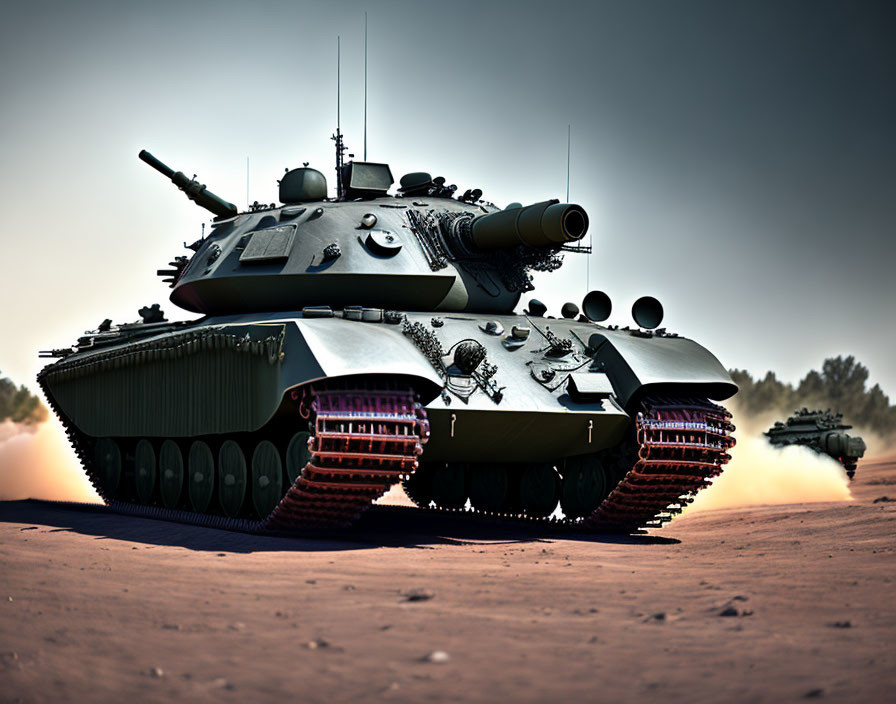 Armored battle tanks with large turret cannons in a desert landscape