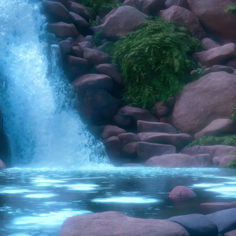 Tranquil waterfall cascading over rocks into lush pool