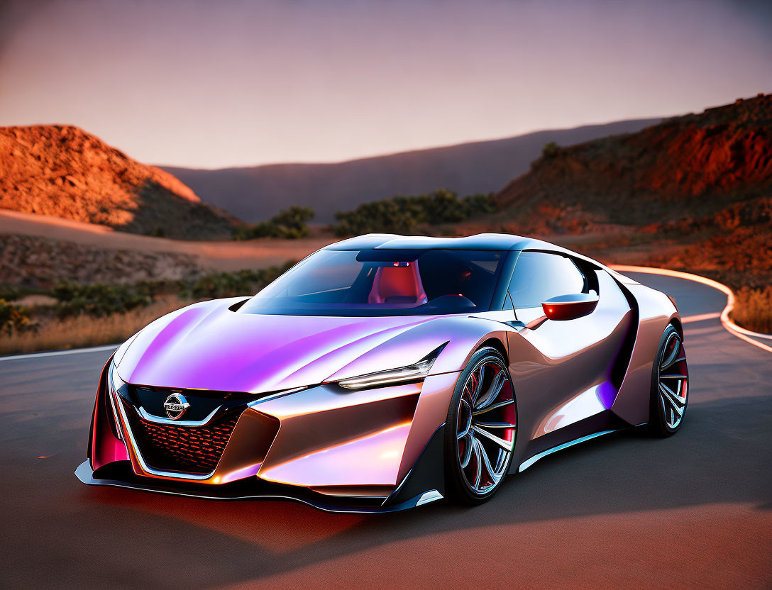 Futuristic sports car with holographic paint on desert road at sunset