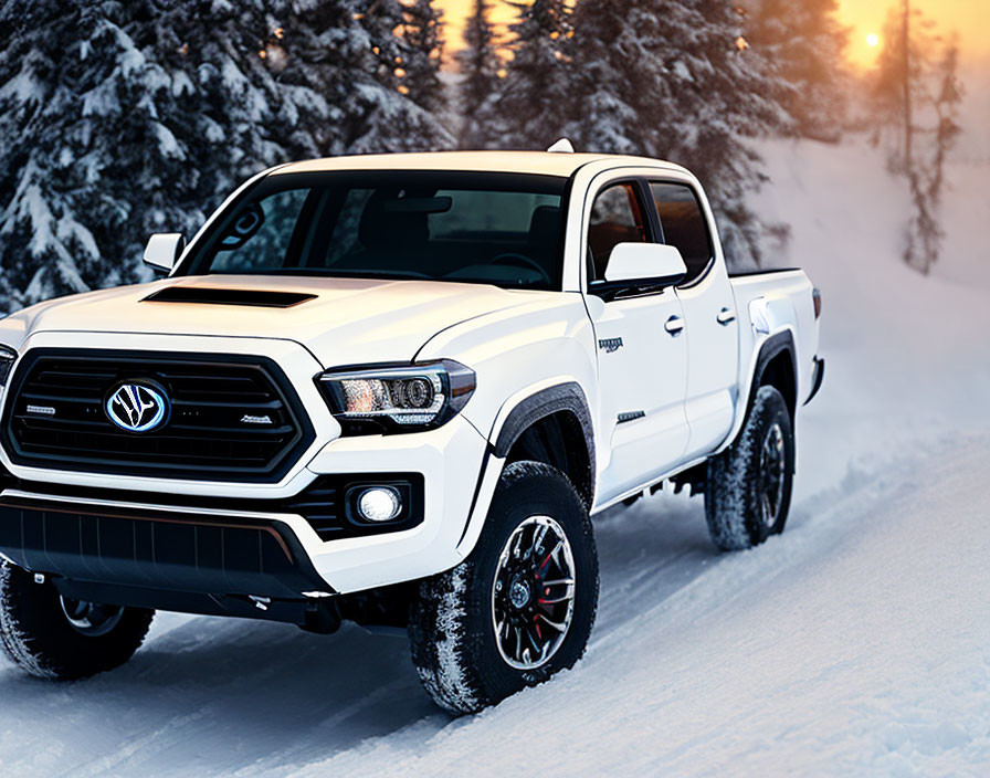 White Toyota Tacoma on Snow-Covered Road at Sunset