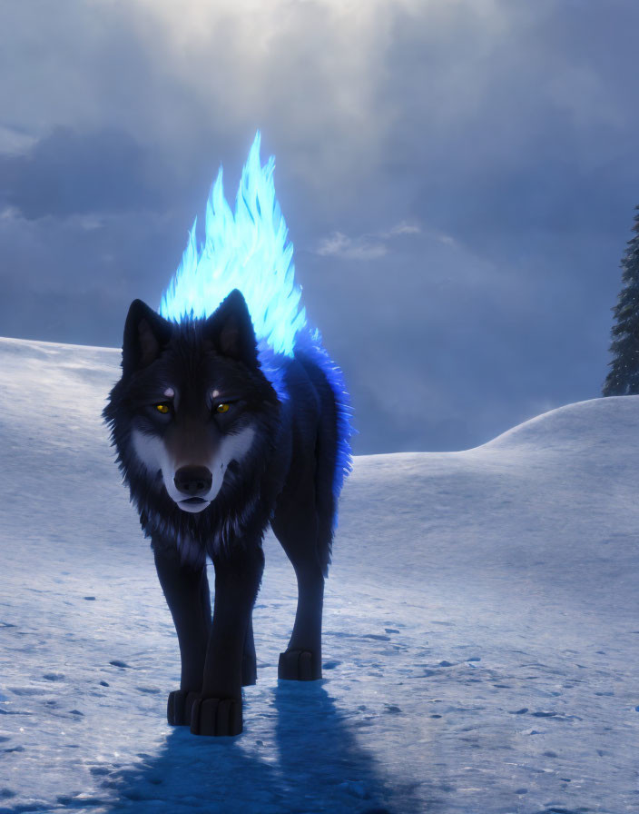 Black wolf with glowing blue eyes and blue flame in snowy landscape